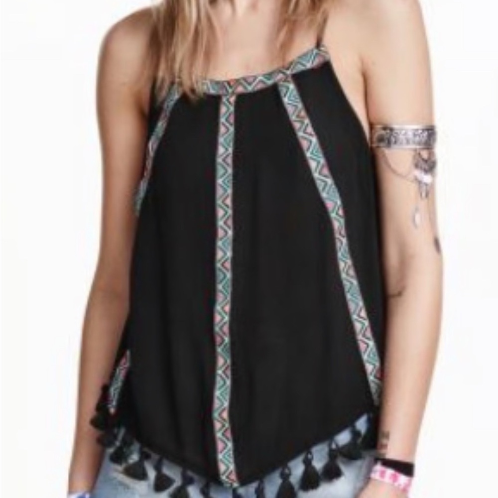 H&M Boho Coachella Tassel Tank Women’s Black Geometric Trim Sz 6